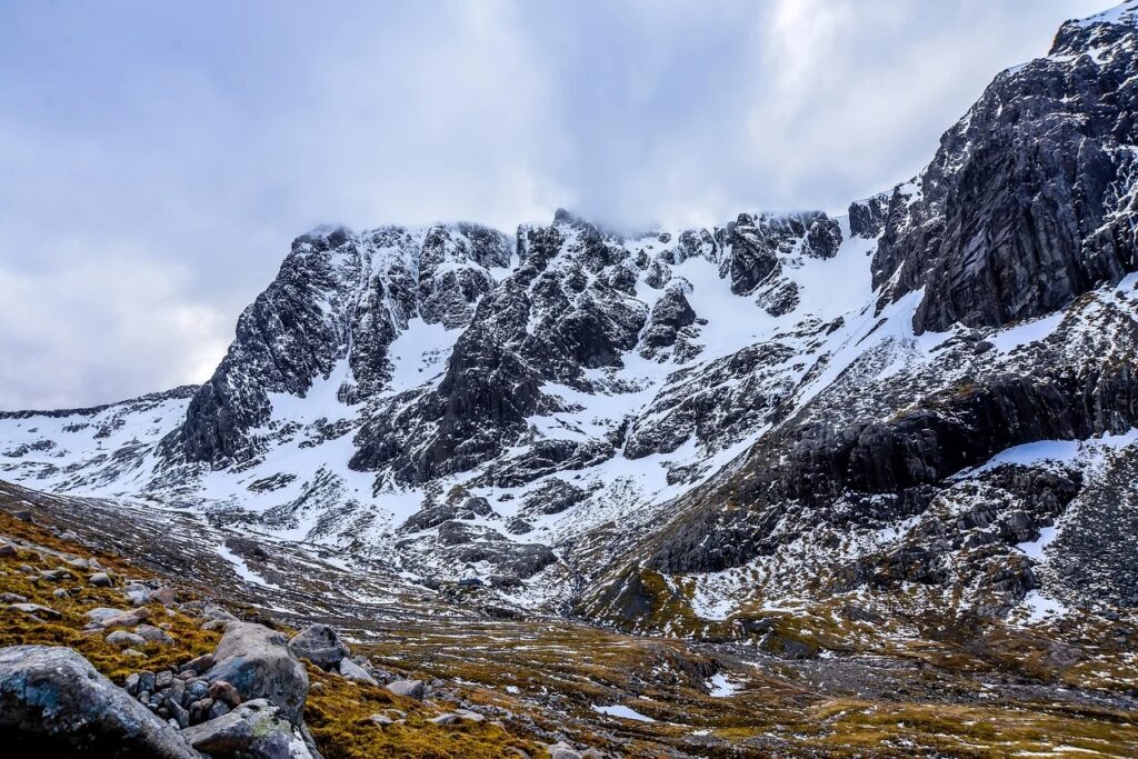 Snow-covered Ben Nevis and the surrounding mountains in winter
