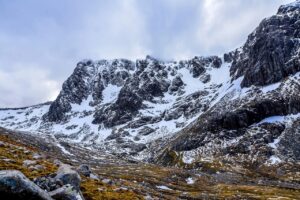 Snow-covered Ben Nevis and the surrounding mountains in winter